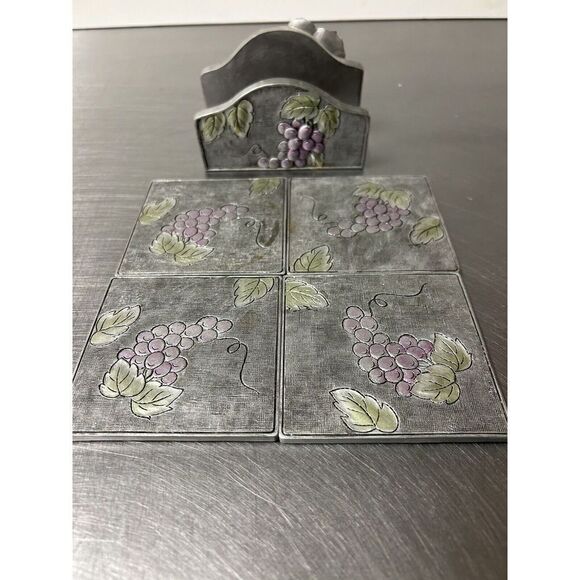 A. Richesco Corporation Metal Handpainted Raised Flower/Fruit Art Coaster Set - Picture 2 of 8